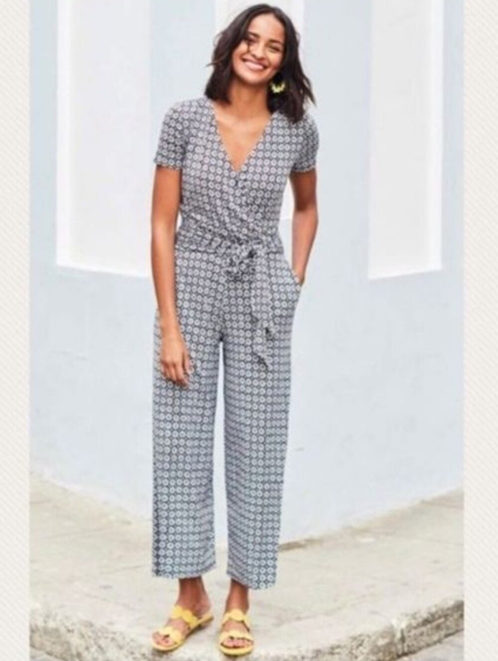 Boden Ellen Jersey Jumpsuit Knit Floral Wide Leg Tie Waist Cropped Blue Size 6
